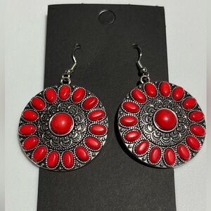 Boho Red Stone Silver-Tone Statement Drop Earrings